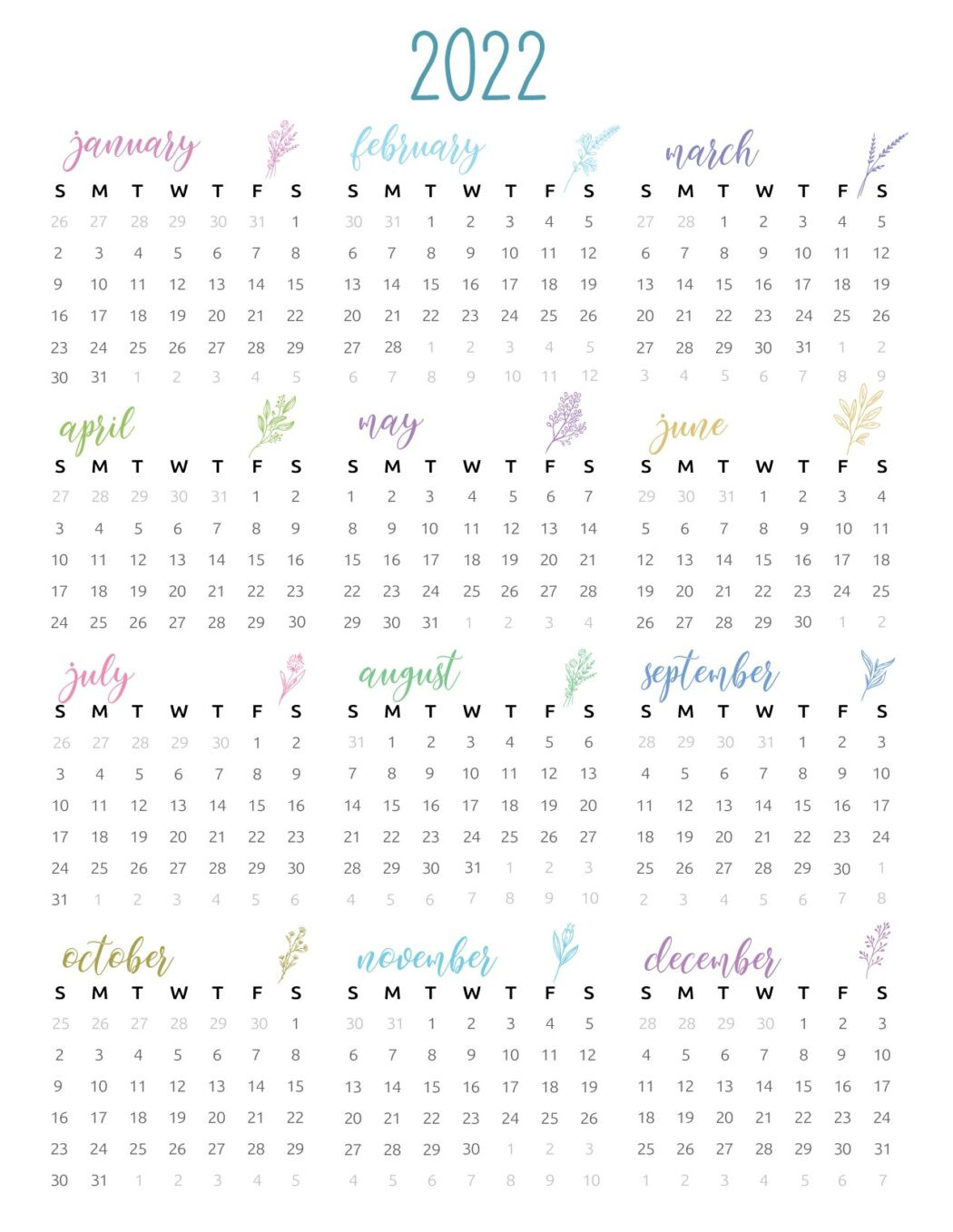 2022 Yearly Calendar Printable - World Of Printables  Free Printable Calendar 2022 Plants