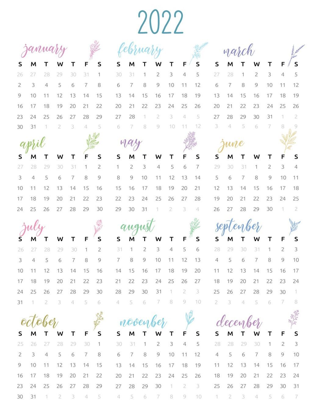 2022 Yearly Calendar Printable - World Of Printables  Printable Calendar 2022 Design