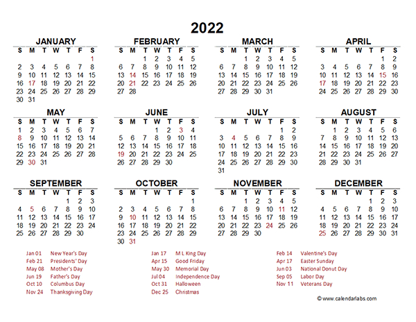 2022 Yearly Calendar Template Excel - Free Printable Templates  Printable Calendar 2022 Word