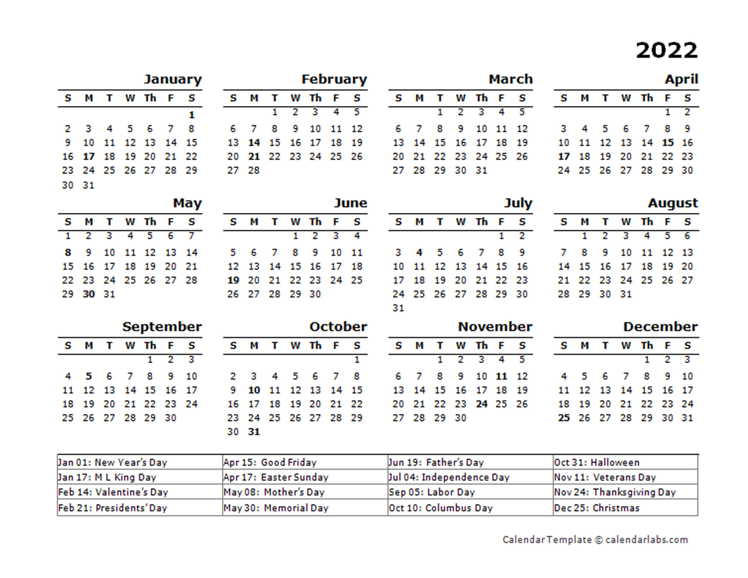 2022 Yearly Calendar Template With Us Holidays - Free  2022 Calendar Printable Hong Kong