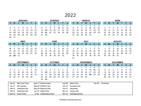 Free Printable 2022 Calendar With Holidays - Template Calendar Design