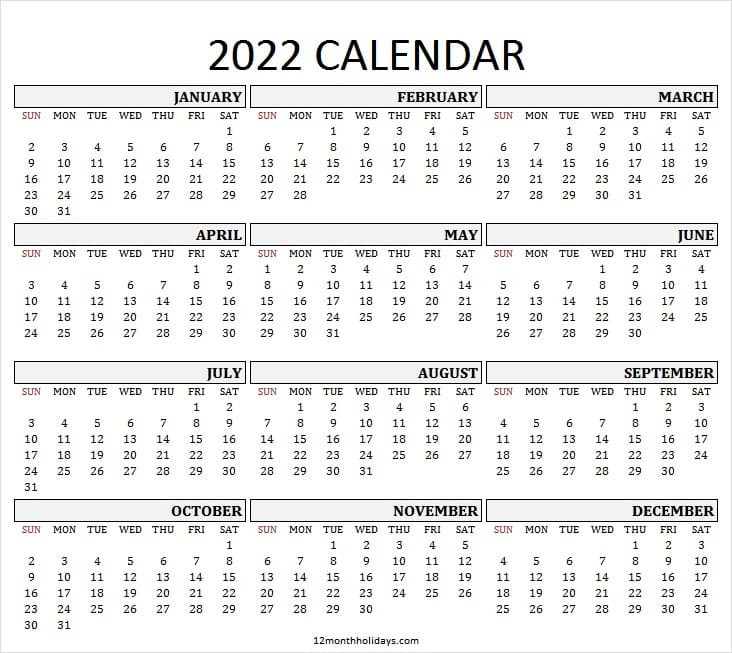 Free Printable Whole Year Calendar 2022 - Template Calendar Design