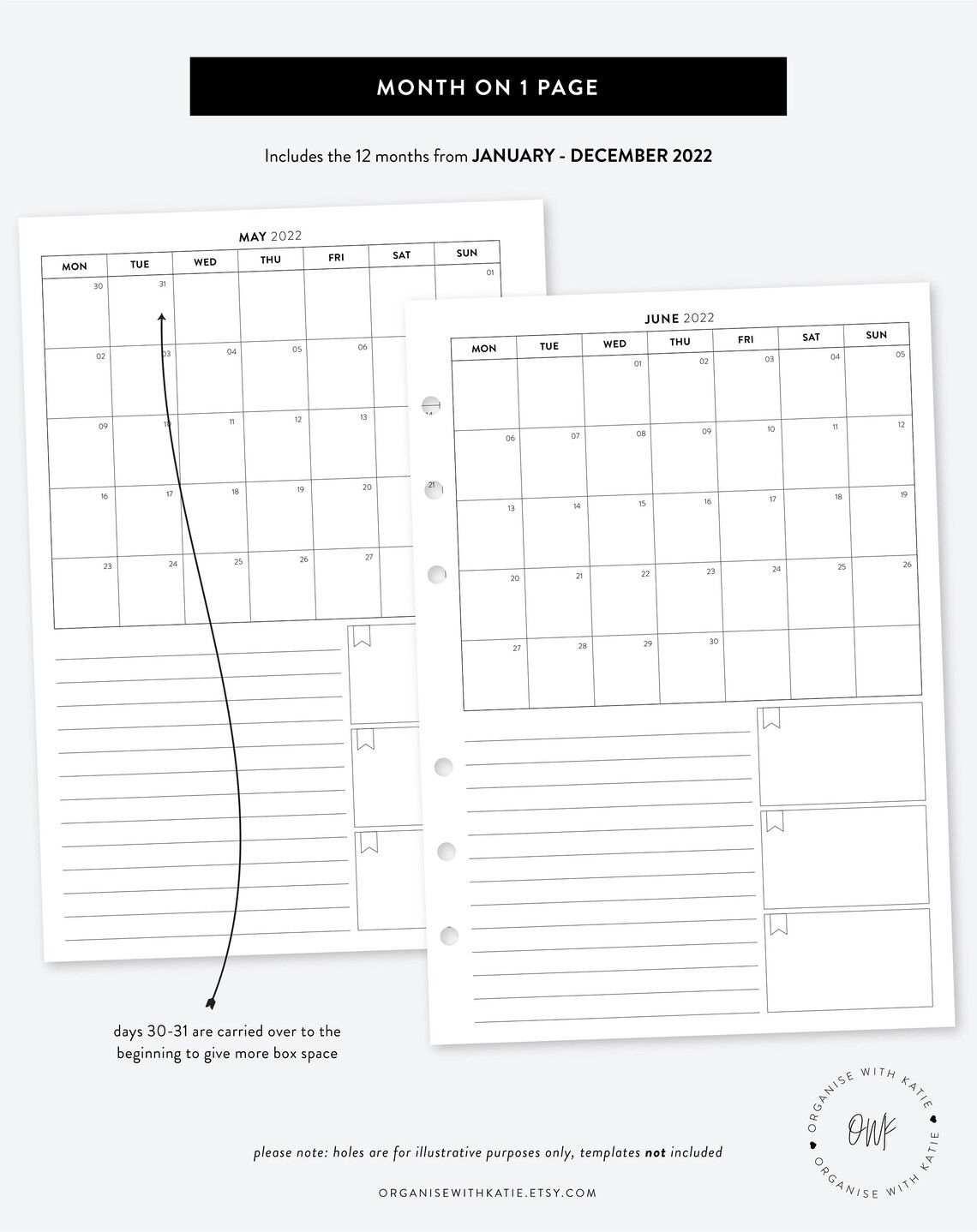 A5 2022 Monthly Planner Printable Month On 1 Page Calendar  2022 Calendar Printable A5