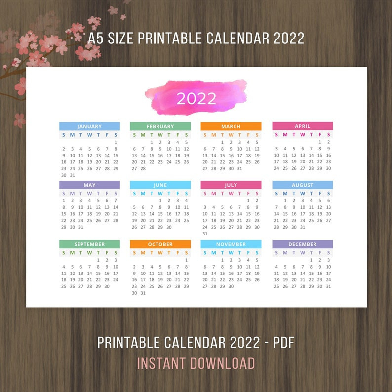 A5 Printable Calendar 2021 2022 Desktop Calendar Landscape  Printable Calendar 2022 Pdf Free