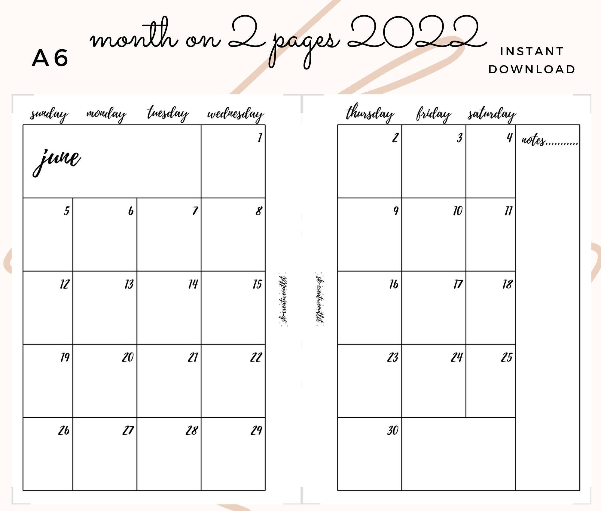 A6. Printable. Month On 2 Pages. 2022 Monthly Calendar. | Etsy  Free Printable Calendar 2022 Quarterly
