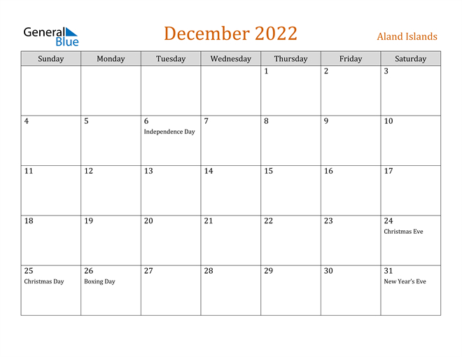 Aland Islands December 2022 Calendar With Holidays  December 2022 Calendar Template