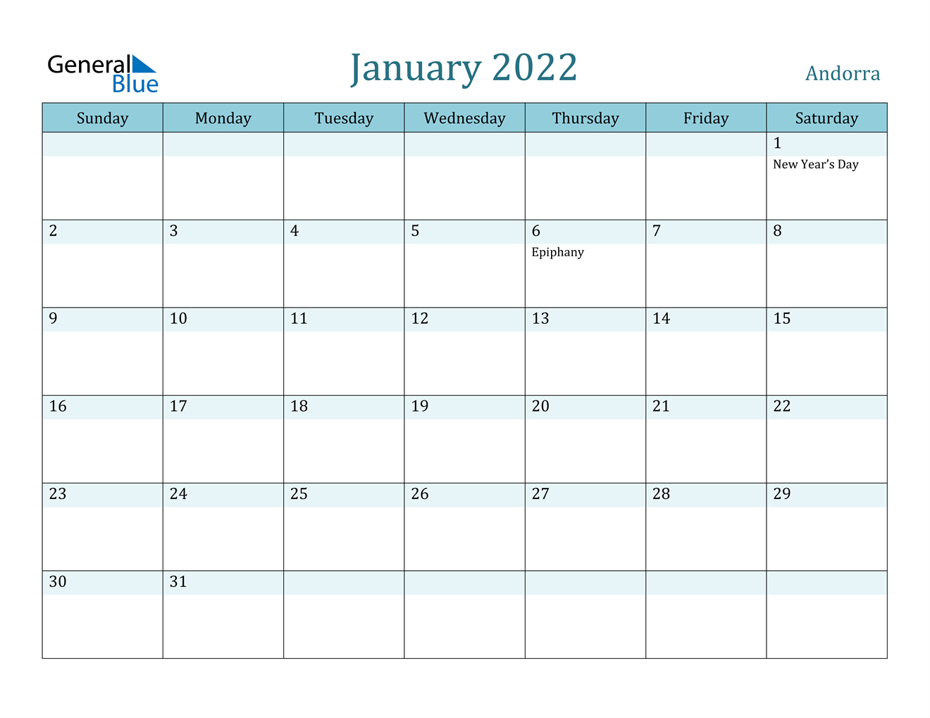 Andorra January 2022 Calendar With Holidays  Printable Calendar 2022 Colorful