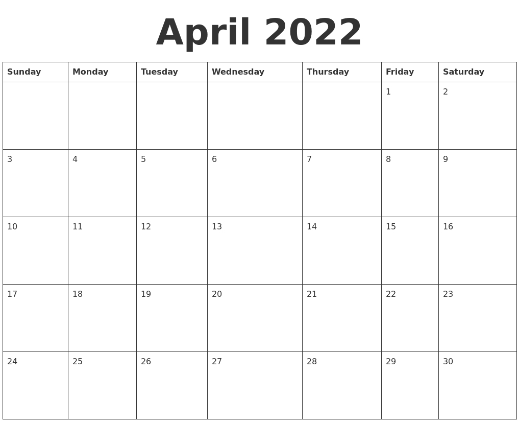 April 2022 Blank Calendar Template  Blank April 2022 Calendar Printable