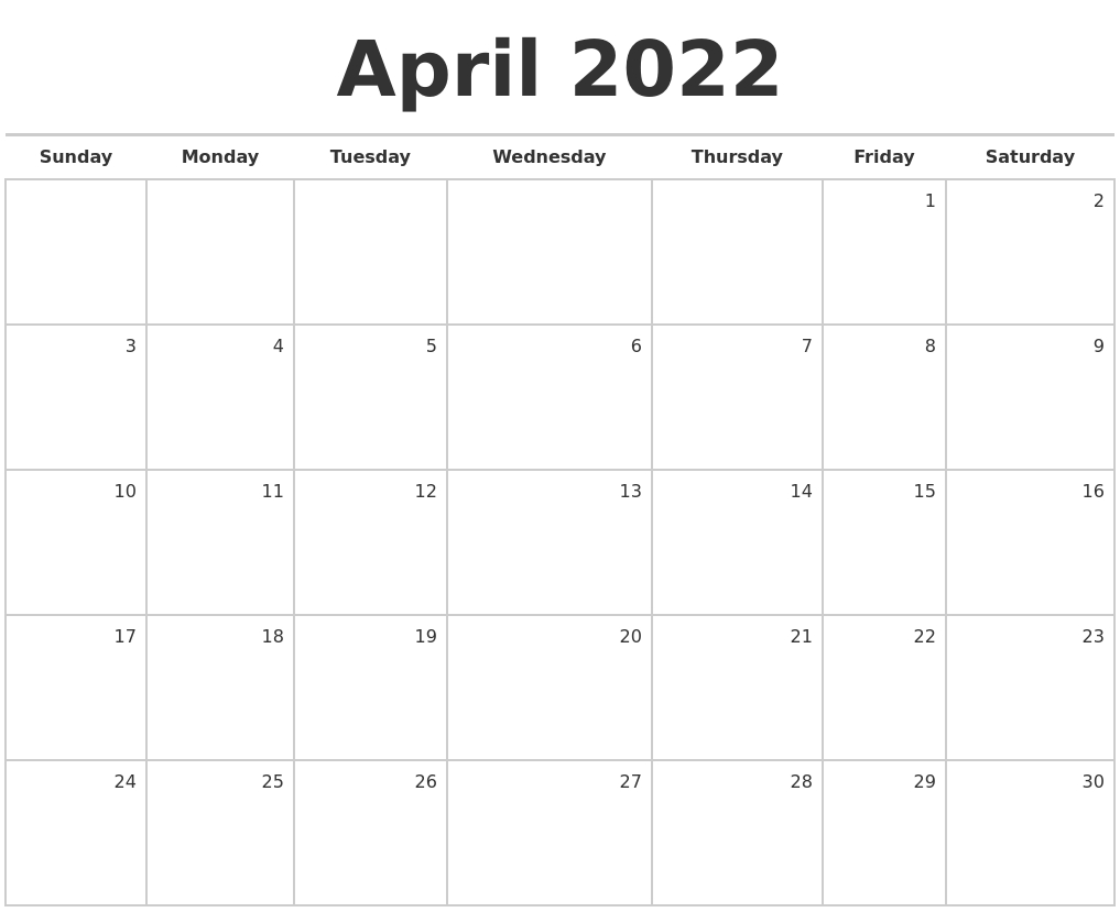 April 2022 Blank Monthly Calendar  April Calendar For 2022