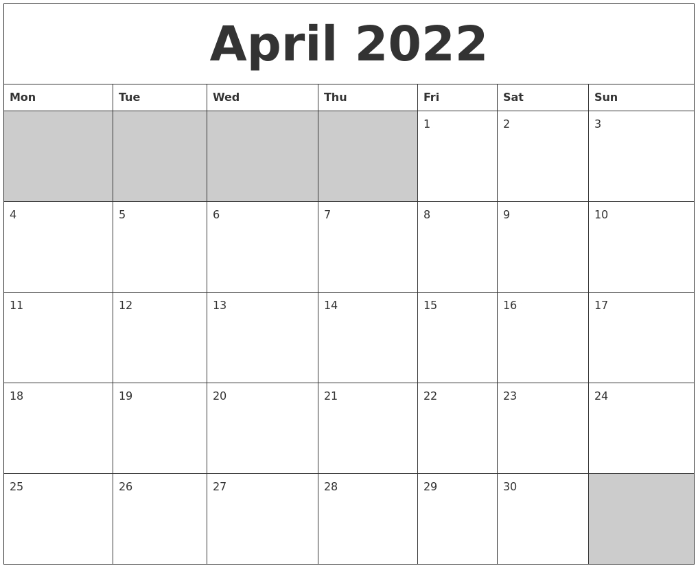 April 2022 Blank Printable Calendar  Blank April 2022 Calendar Printable