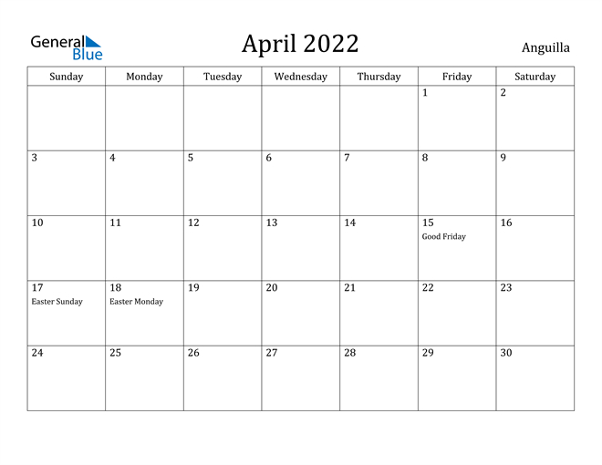 April 2022 Calendar - Anguilla  Calendar For April 2022 With Holidays