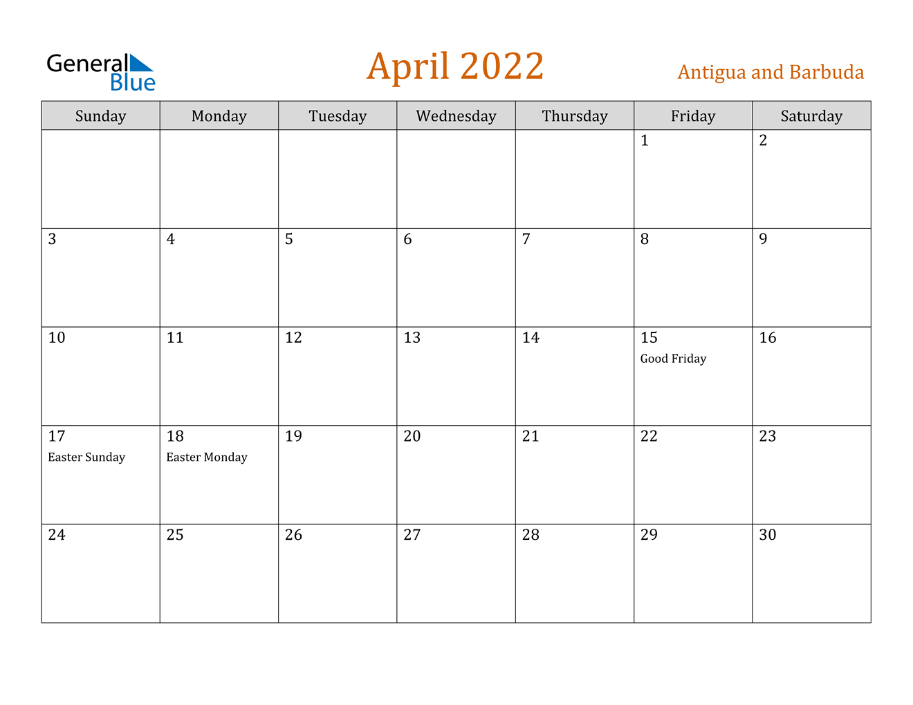 April 2022 Calendar - Antigua And Barbuda  Free Printable Calendar 2022 April