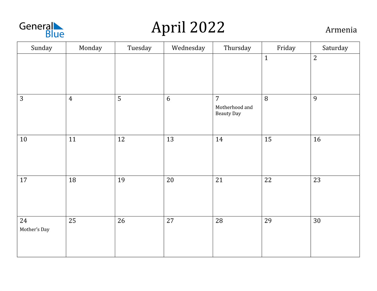 April 2022 Calendar - Armenia  Jan - April 2022 Calendar