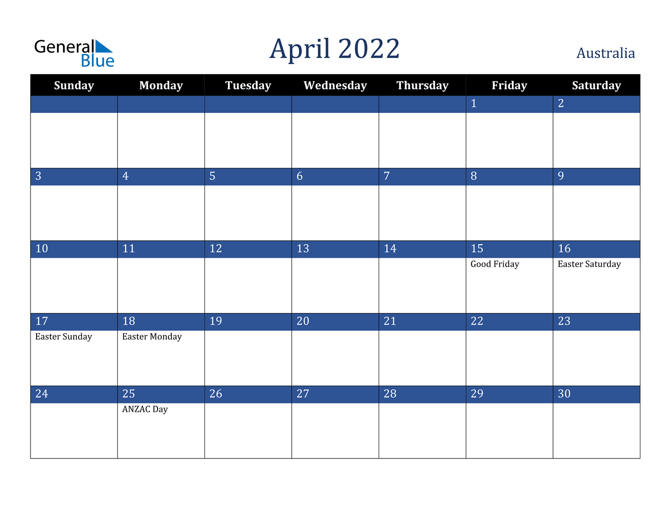 April 2022 Calendar - Australia  2022 Calendar Printable April