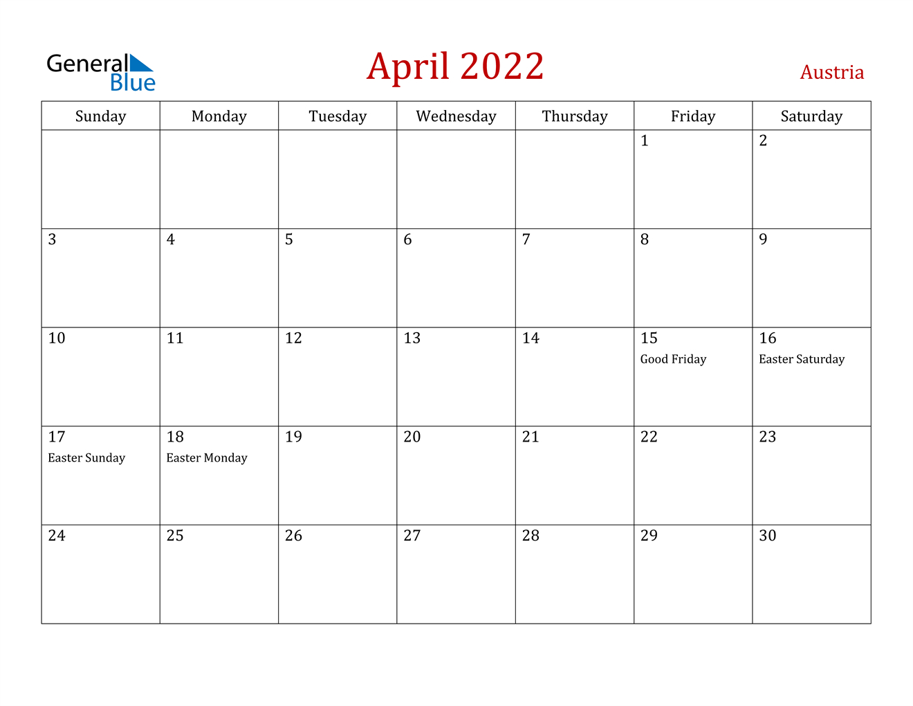 April 2022 Calendar - Austria  April Free Printable Calendar 2022