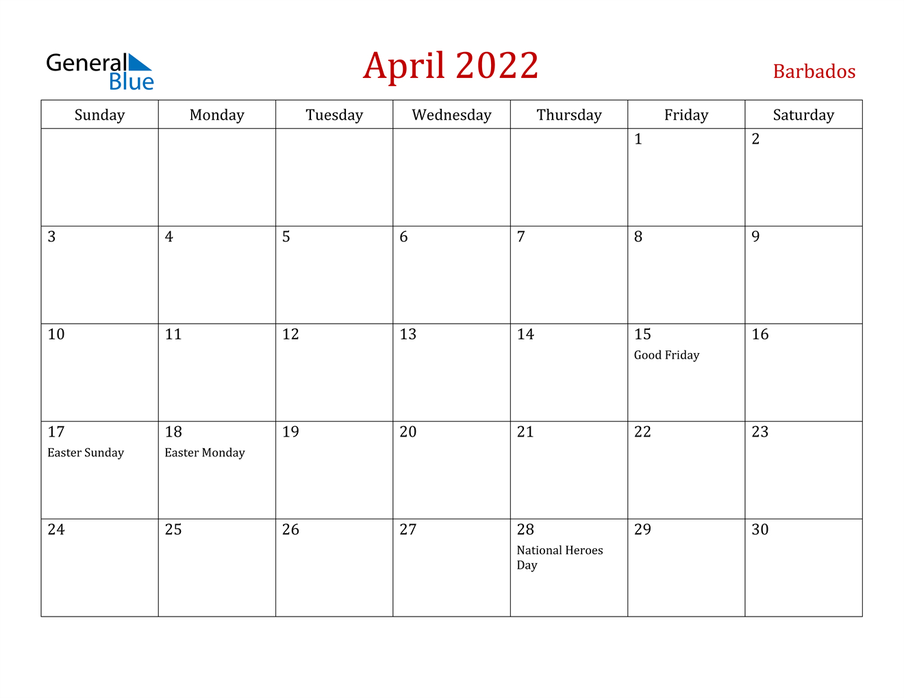 April 2022 Calendar - Barbados  November 2022 To April 2022 Calendar