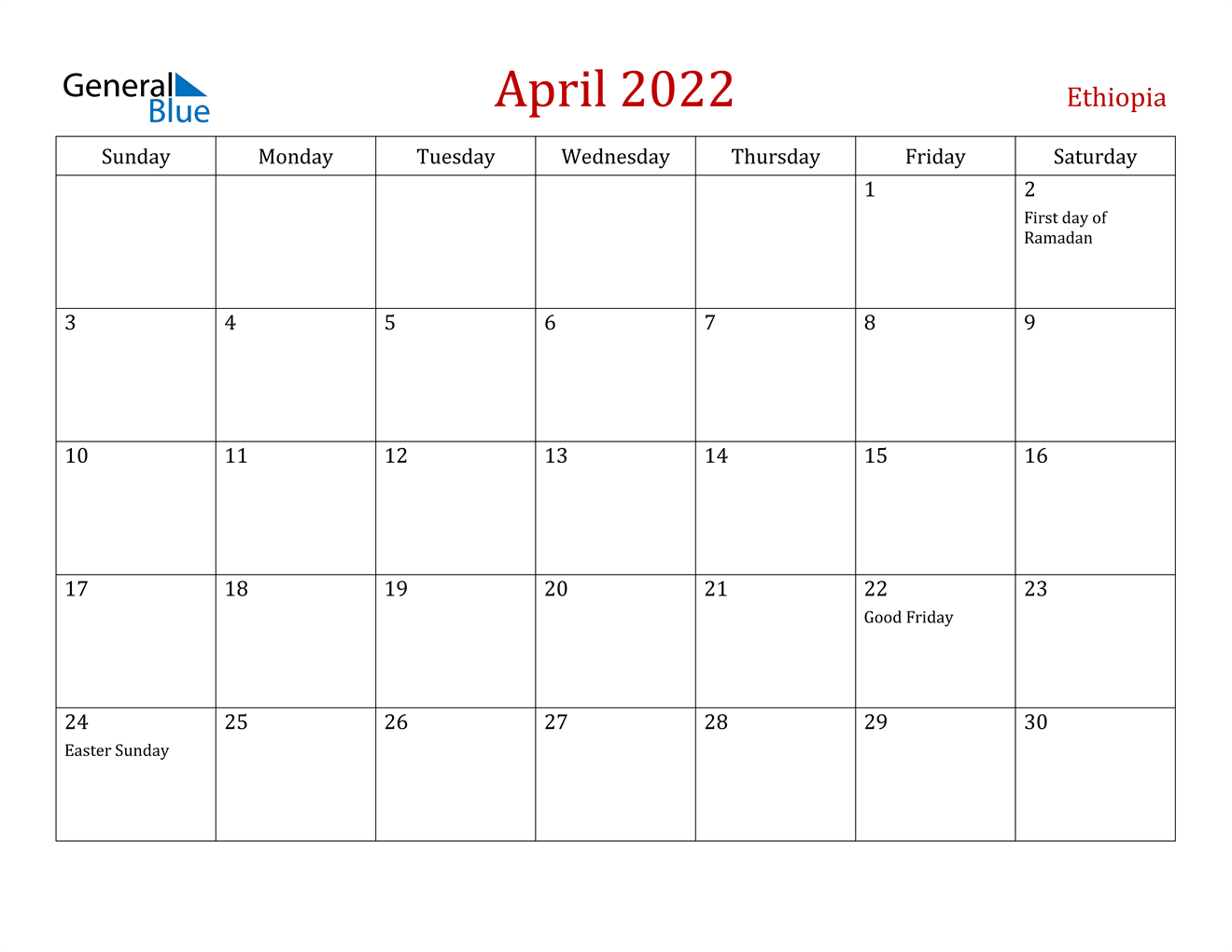 April 2022 Calendar - Ethiopia  November 2022 To April 2022 Calendar