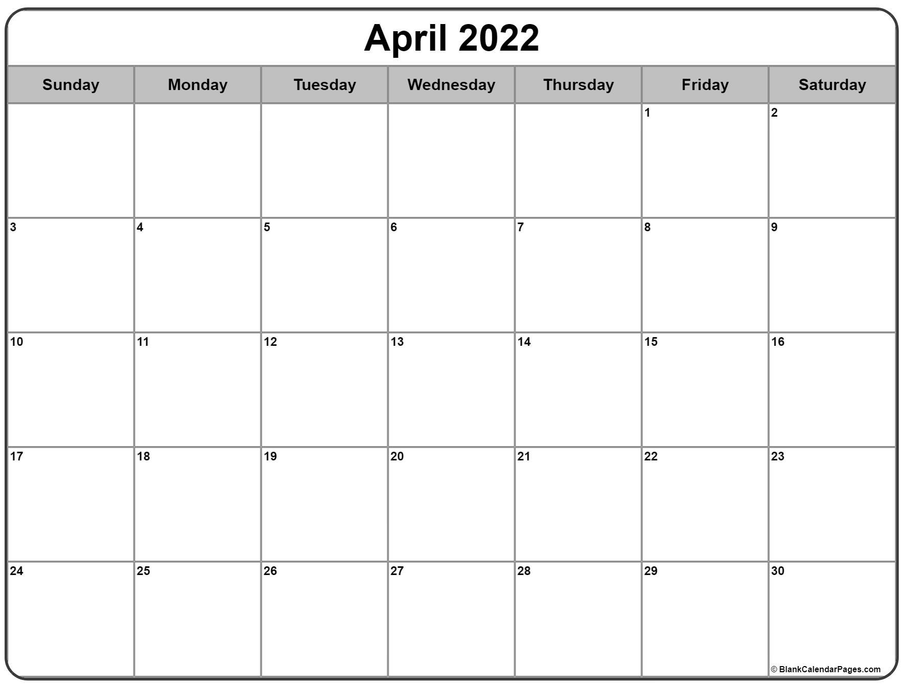 April 2022 Calendar | Free Printable Calendar Templates  Blank April 2022 Calendar Printable