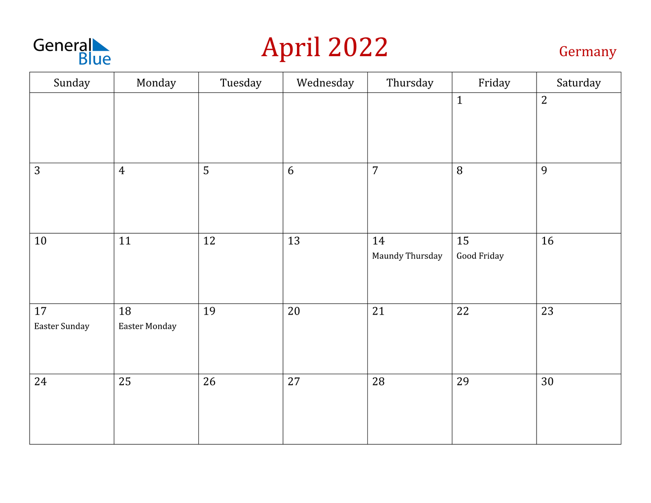 April 2022 Calendar - Germany  April 2022 Calendar Printable
