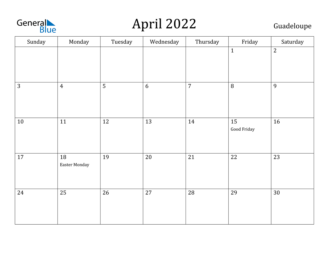 April 2022 Calendar - Guadeloupe  Printable Calendar January To April 2022