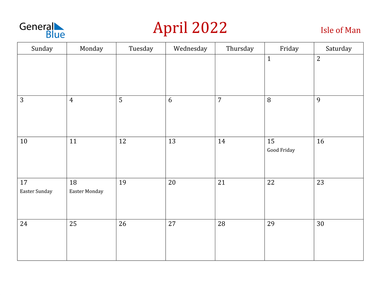 April 2022 Calendar - Isle Of Man  2022 Calendar Printable April
