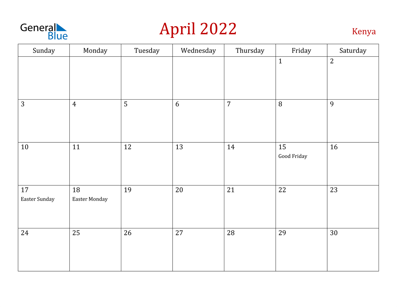 April 2022 Calendar - Kenya  Calendar Jan-April 2022