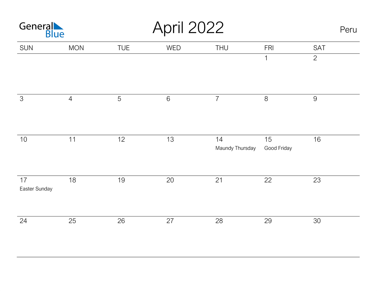 April 2022 Calendar - Peru  Calendar Jan-April 2022