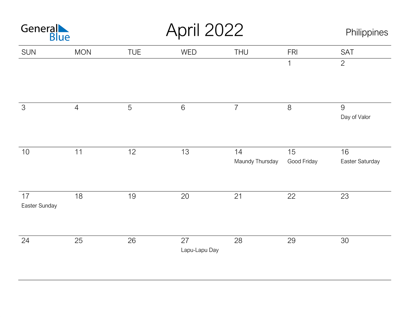 April 2022 Calendar - Philippines  Calendar Jan To April 2022