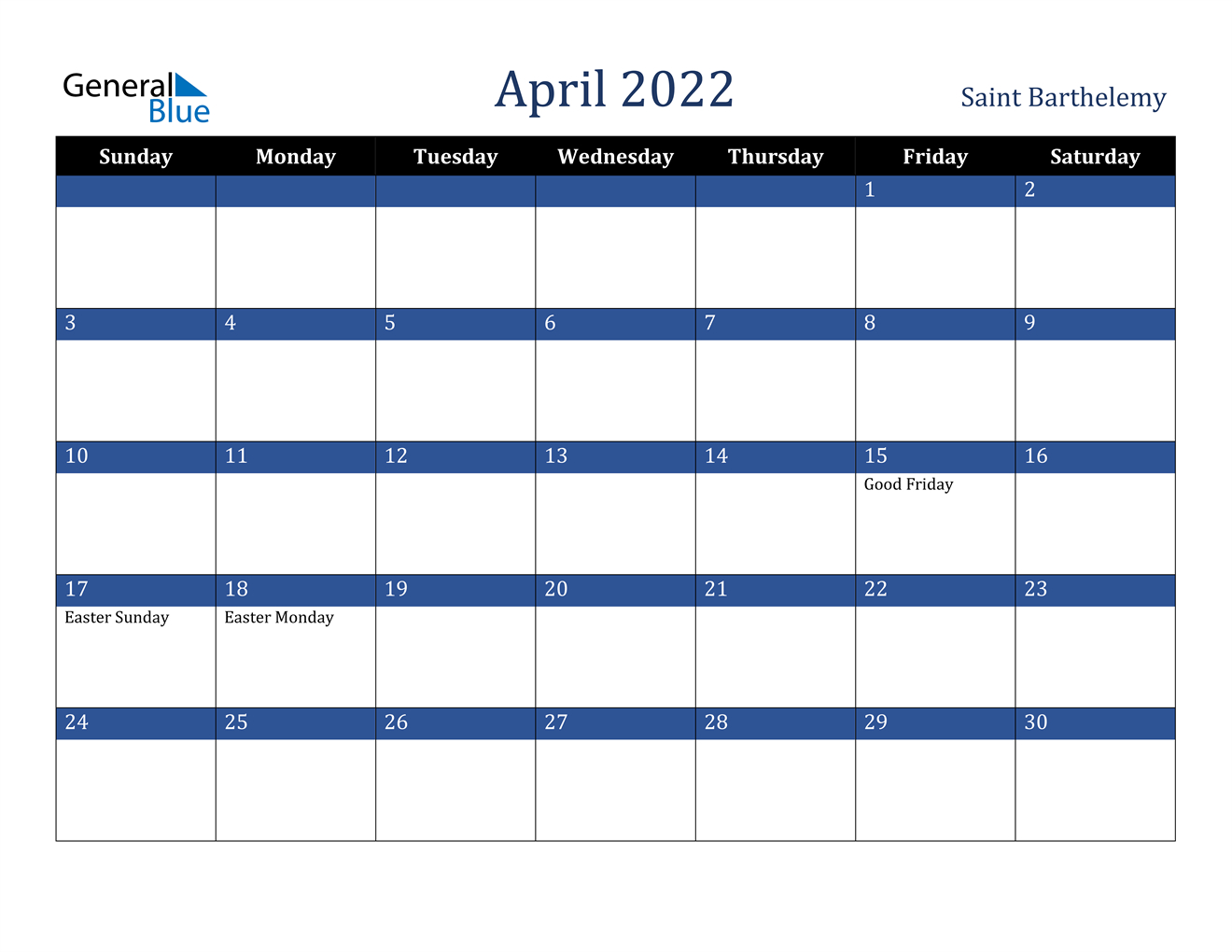 April 2022 Calendar - Saint Barthelemy  2022 Calendar Printable April