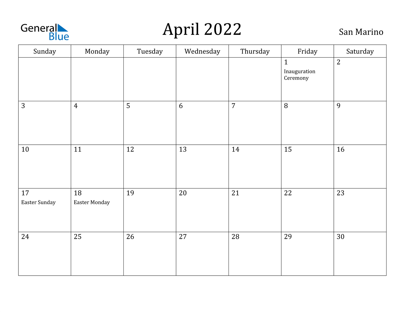 April 2022 Calendar - San Marino  Blank Calendar April 2022 To March 2022