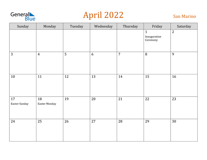April 2022 Calendar - San Marino  November 2022 - April 2022 Calendar
