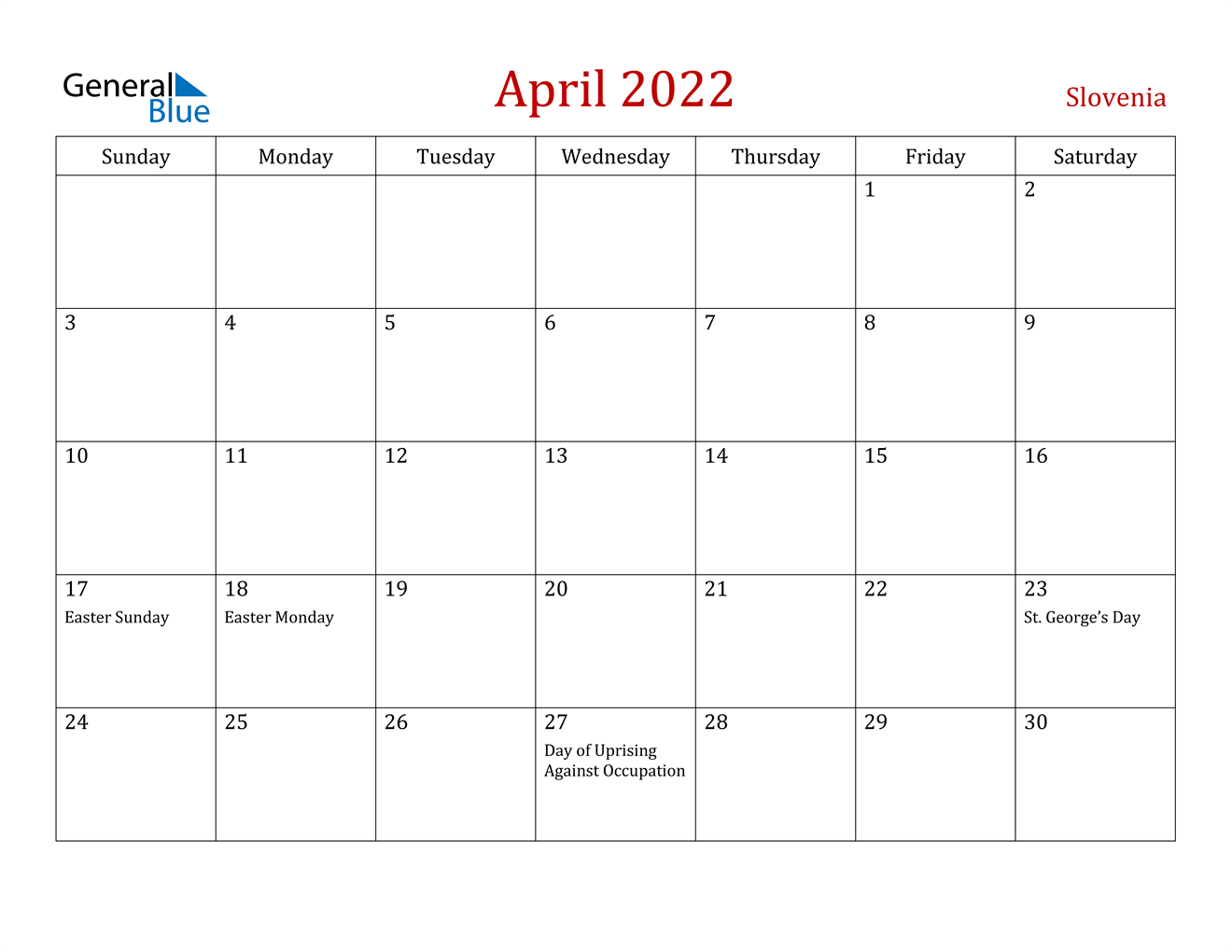 April 2022 Calendar - Slovenia  Calendar For 2022 April