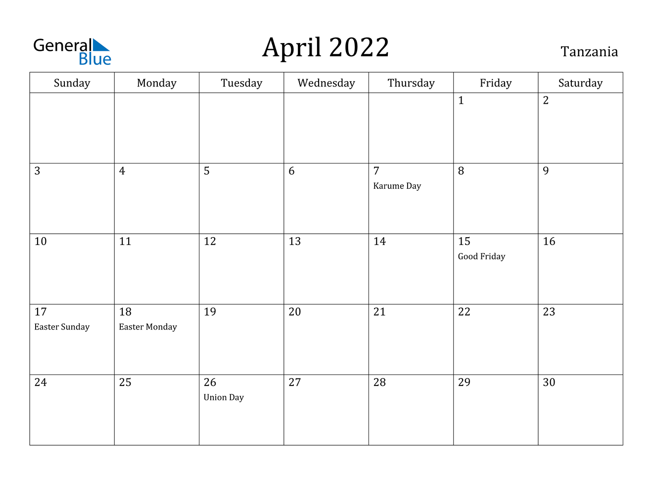 April 2022 Calendar - Tanzania  November 2022 - April 2022 Calendar