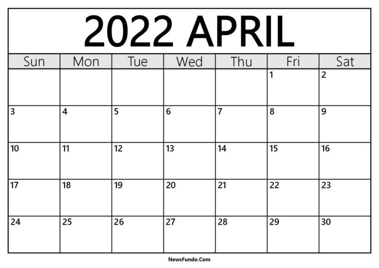 April 2022 Calendar Template Printable - Print Now  Blank April 2022 Calendar Printable