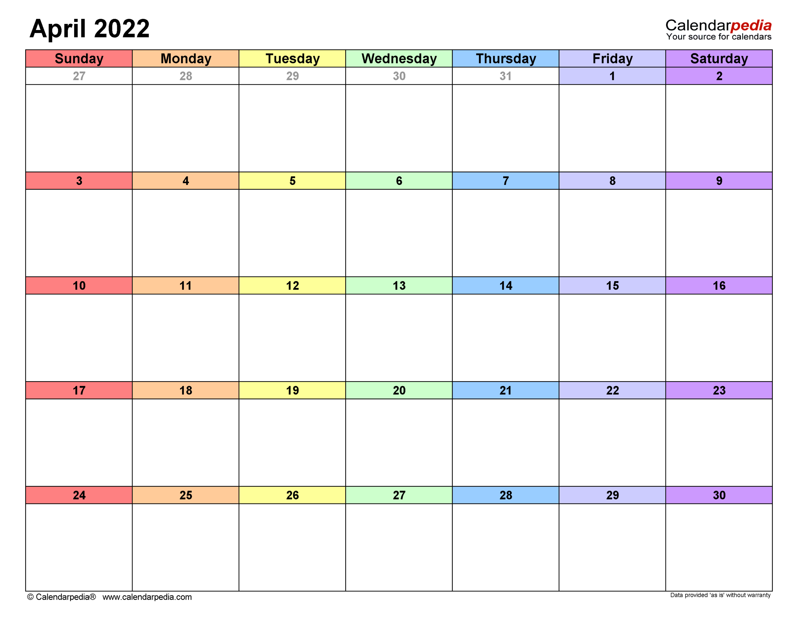 April 2022 Calendar | Templates For Word, Excel And Pdf  April Calendar For 2022