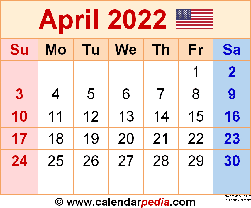 April 2022 Calendar | Templates For Word, Excel And Pdf  April Free Printable Calendar 2022