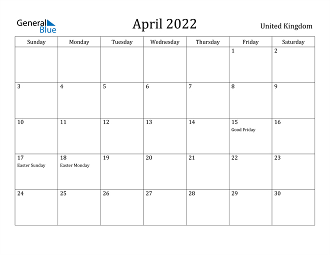 April 2022 Calendar - United Kingdom  Year Calendar April 2022 To March 2022