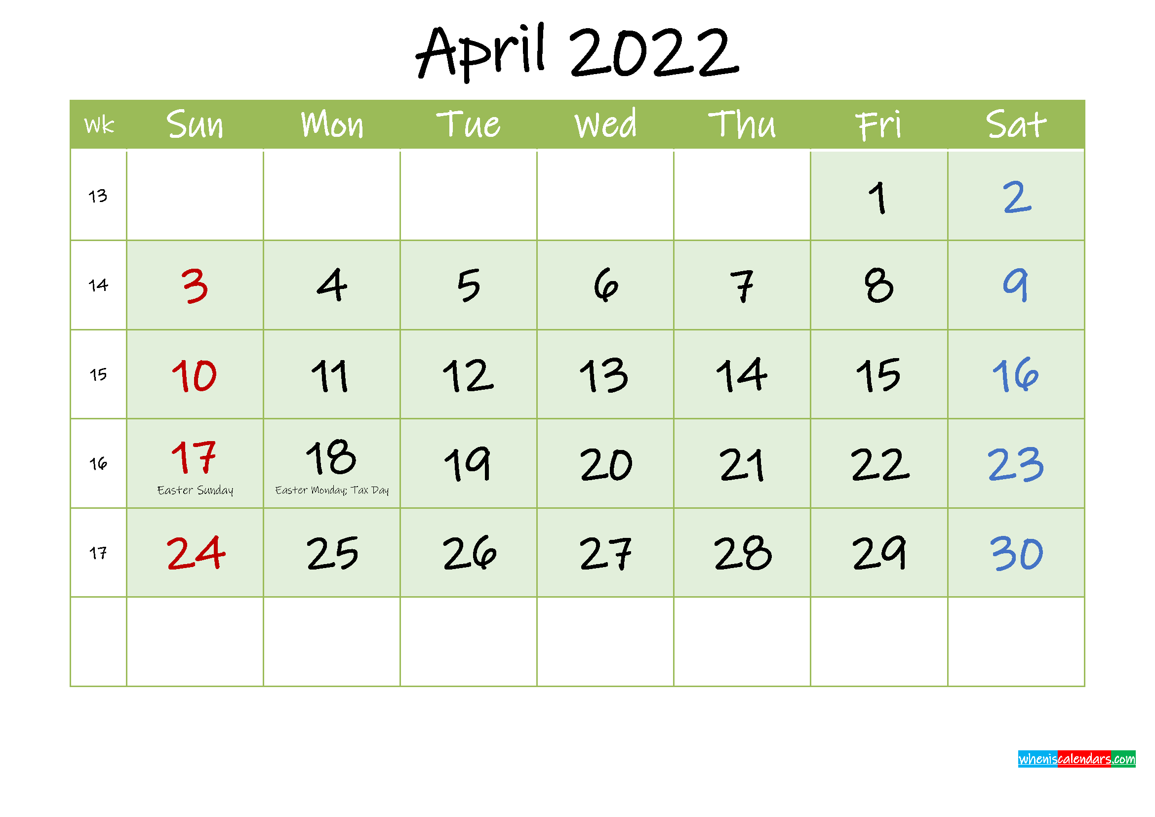 April 2022 Free Printable Calendar - Template Ink22M124  2022 Calendar Printable April