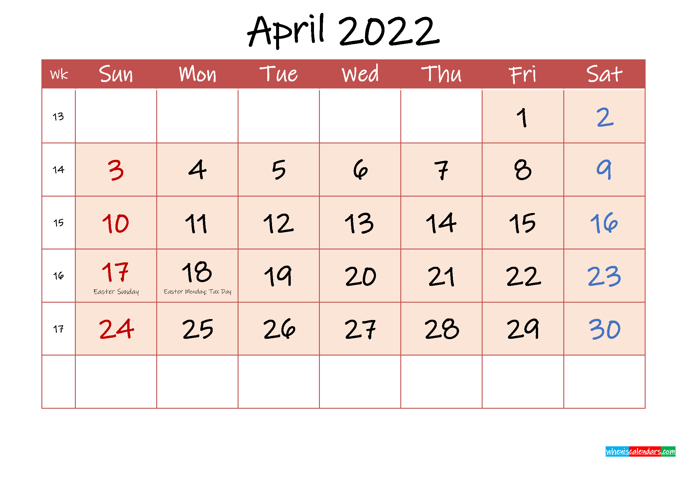 April 2022 Free Printable Calendar With Holidays  Free Printable Calendar 2022 April