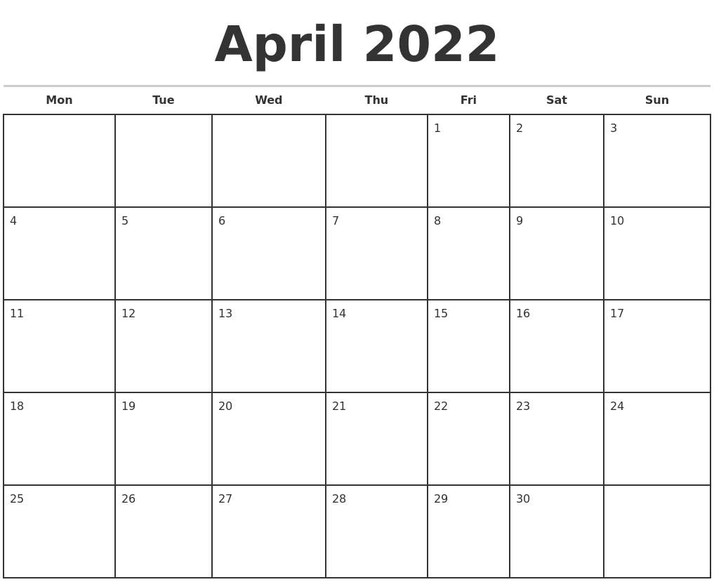 April 2022 Monthly Calendar Template  Calendar November 2022 To April 2022