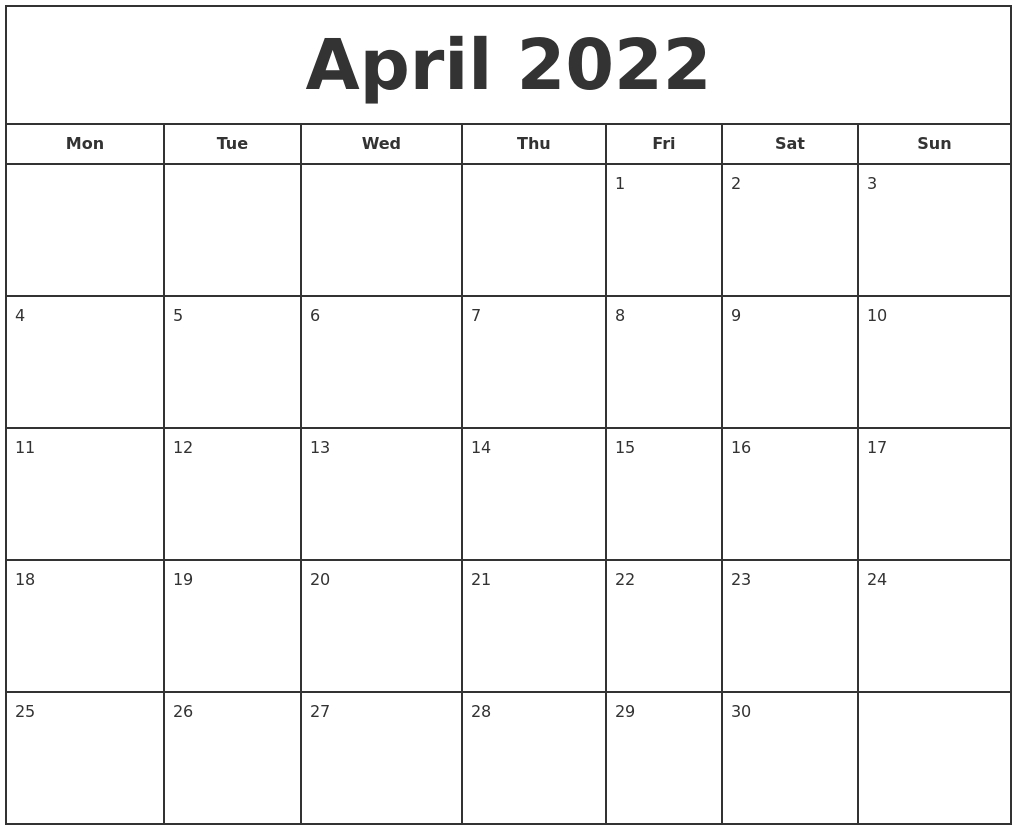 April 2022 Print Free Calendar  April 2022 Calendar Printable