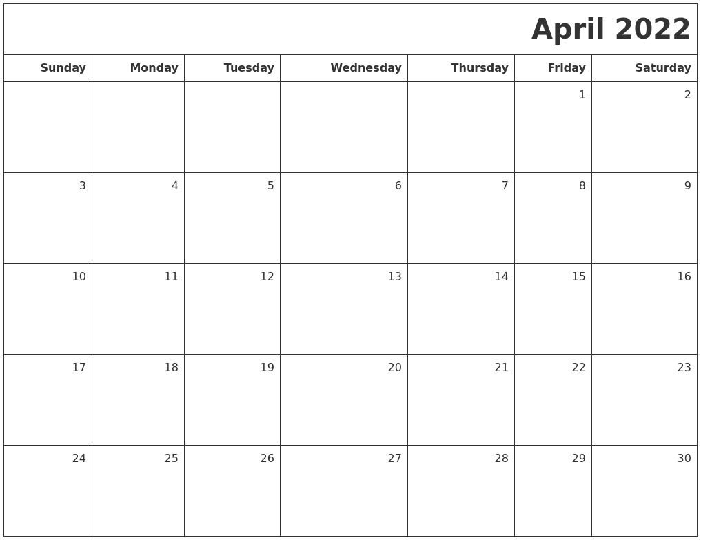 April 2022 Printable Blank Calendar  Calendar November 2022 To April 2022