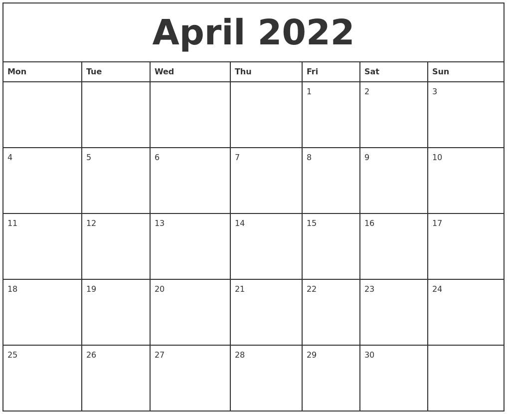 April 2022 Printable Monthly Calendar  April Calendar For 2022