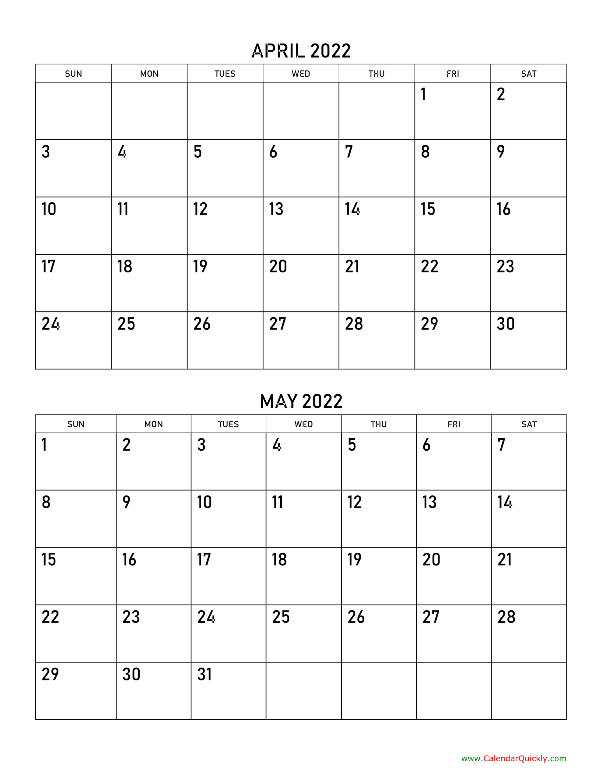 April And May 2022 Calendar | Calendar Quickly  Calendar 2022 January February March April