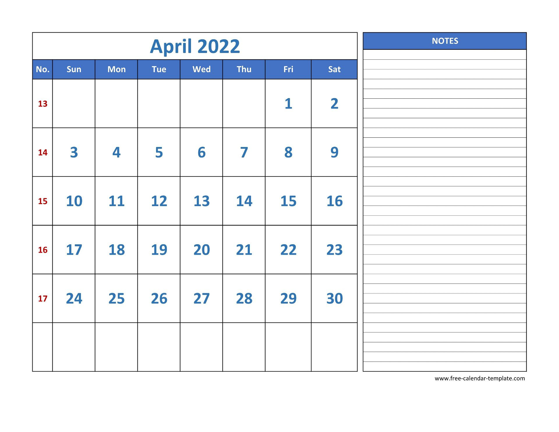 April Calendar 2022 Grid Lines For Holidays And Notes  Free Printable Calendar 2022 April