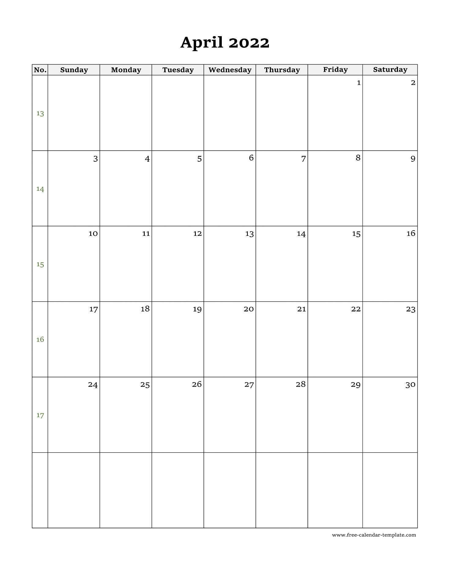 April Calendar 2022 Simple Design With Large Box On Each  April Calendar For 2022