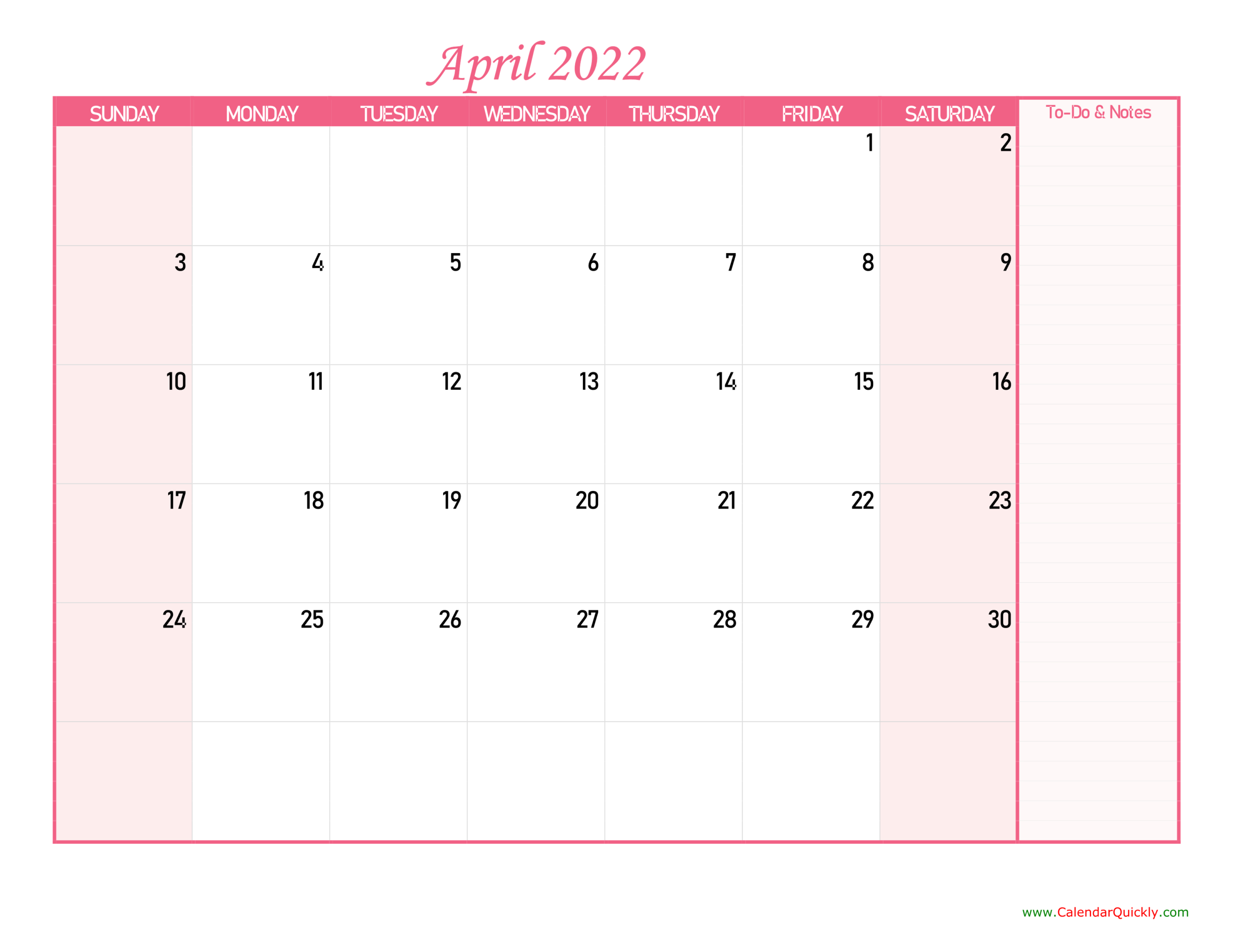 April Calendar 2022 With Notes | Calendar Quickly  Blank Calendar April 2022 To March 2022