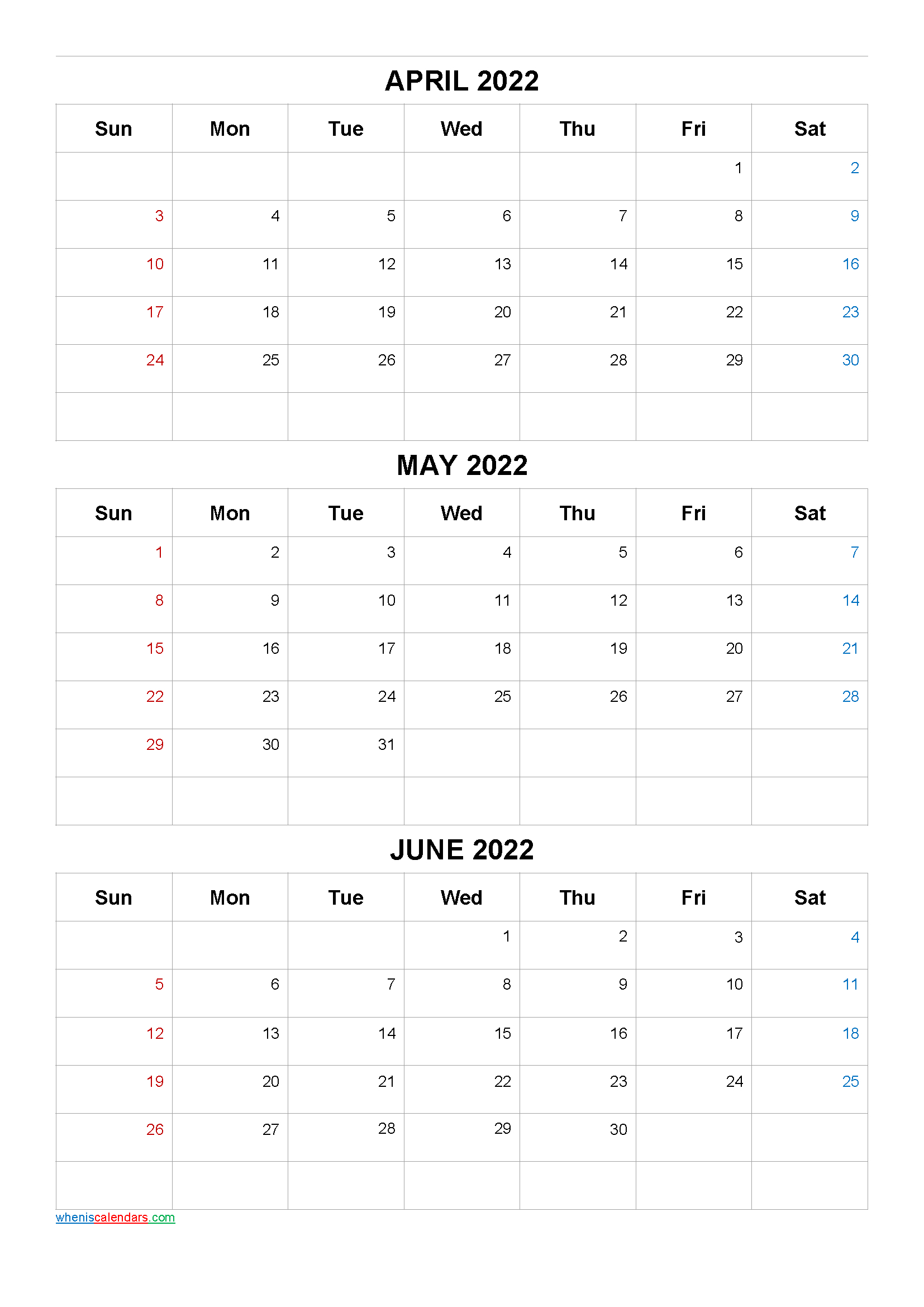 April May June 2022 Calendar Printable Free [Q1-Q2-Q3-Q4  Free Monthly Calendar Template 2022 Portrait