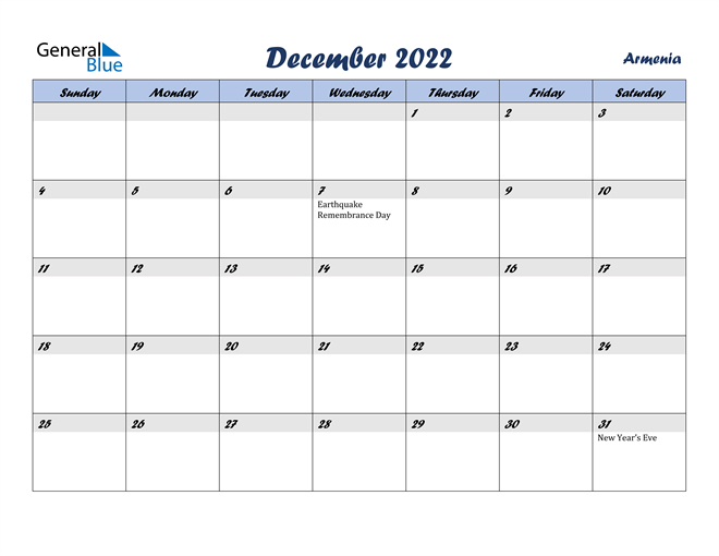 Armenia December 2022 Calendar With Holidays  December 2022 Hindu Calendar
