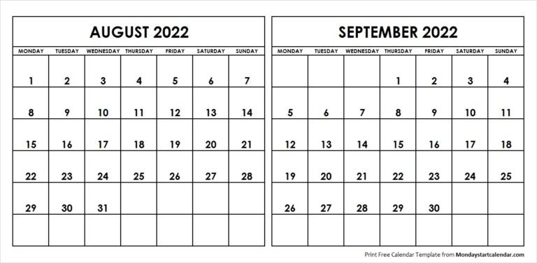 Aug Sep 2022 Calendar Monday Start | Editable Two Months  2022 Calendar Printable Start Monday